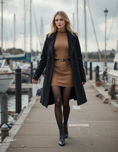 Sculpt & Warm™ fleece panty onder jurk tijdens koude dag, warm en stijlvol
